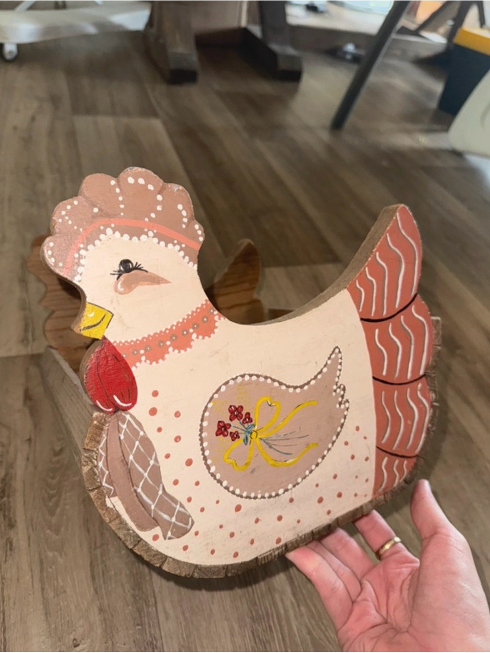 Hand-Painted Wooden Hen Vintage Egg Basket